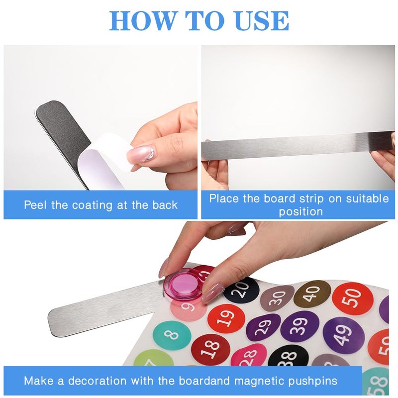 LINXIU Frameless Magnetic Stainless Iron Board Strips, Adhesive Backing Bulletin Bar Board with 10 Pieces Colorful Magnet, Memo Strip for Office Home 4Pcs - Image 3